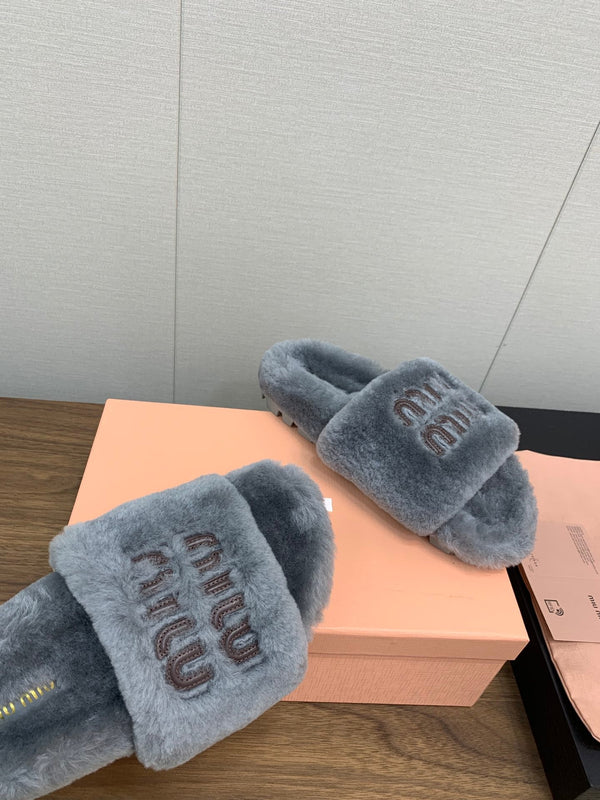 Miu Slippers Gray With Brown Lettering Pure Wool