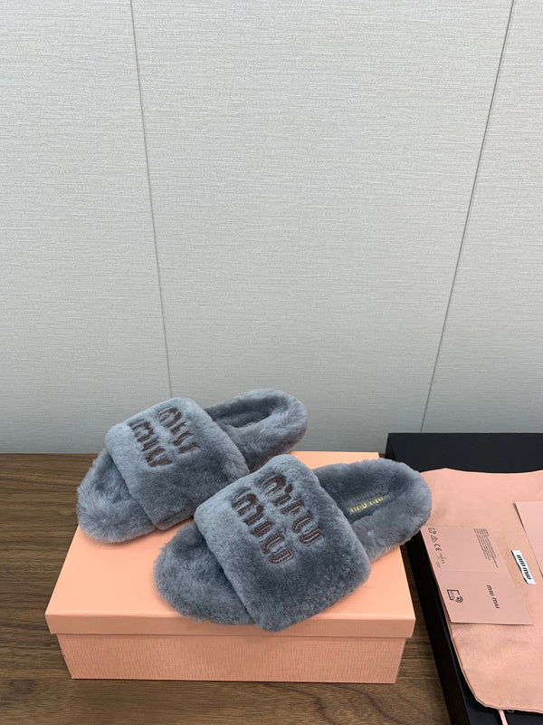 Miu Slippers Gray With Brown Lettering Pure Wool