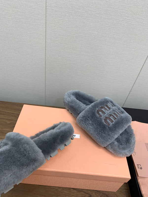Miu Slippers Gray With Brown Lettering Pure Wool