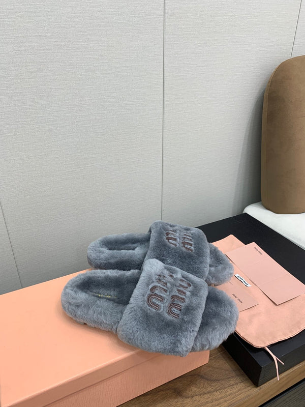 Miu Slippers Gray With Brown Lettering Pure Wool