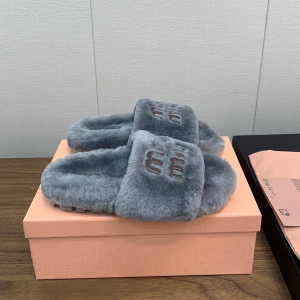 Miu Slippers Gray With Brown Lettering Pure Wool