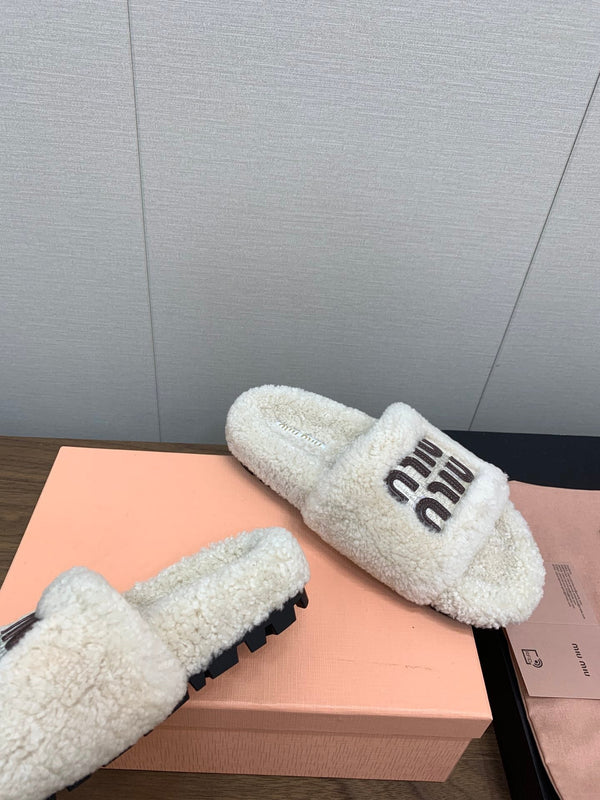 Miu Slippers Retro White With Brown Lettering Pure Wool