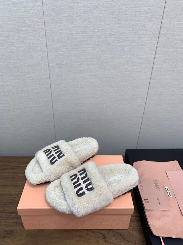 Miu Slippers Retro White With Brown Lettering Pure Wool