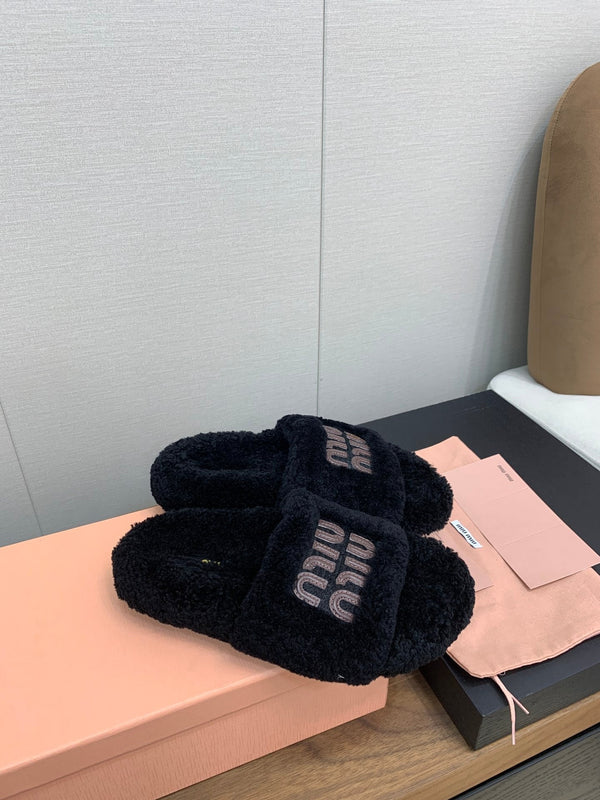 Miu Slippers Black With Brown Text Pure Wool