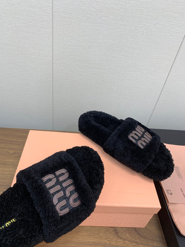 Miu Slippers Black With Brown Text Pure Wool