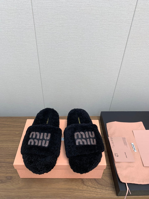 Miu Slippers Black With Brown Text Pure Wool