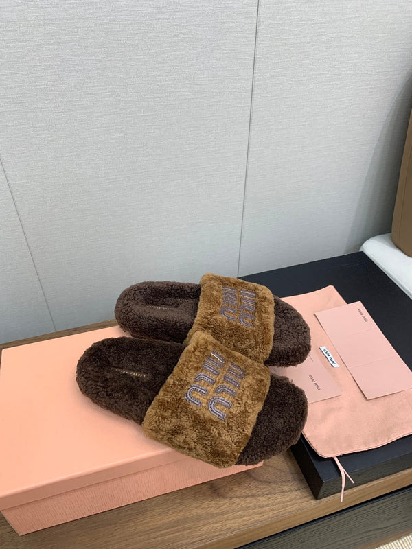 Miu Slippers Caramel Brown With Brown Lettering Pure Wool