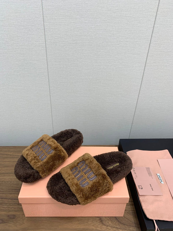 Miu Slippers Caramel Brown With Brown Lettering Pure Wool