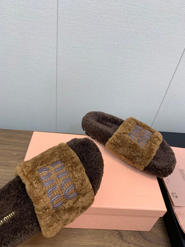 Miu Slippers Caramel Brown With Brown Lettering Pure Wool