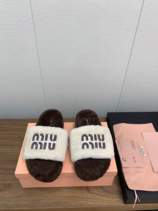 Miu Slippers Brown Mixed With White With Brown Lettering Pure Wool