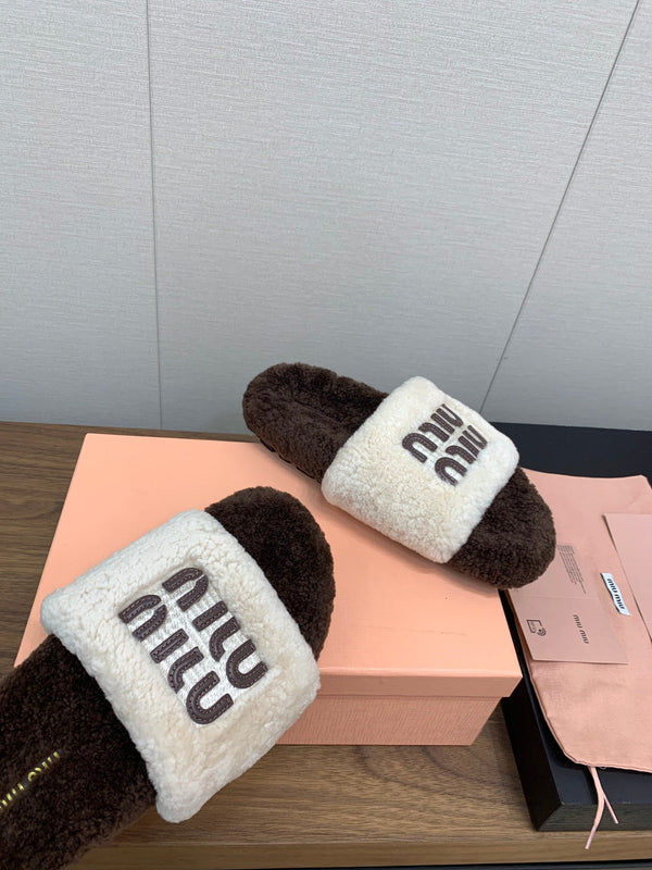 Miu Slippers Brown Mixed With White With Brown Lettering Pure Wool