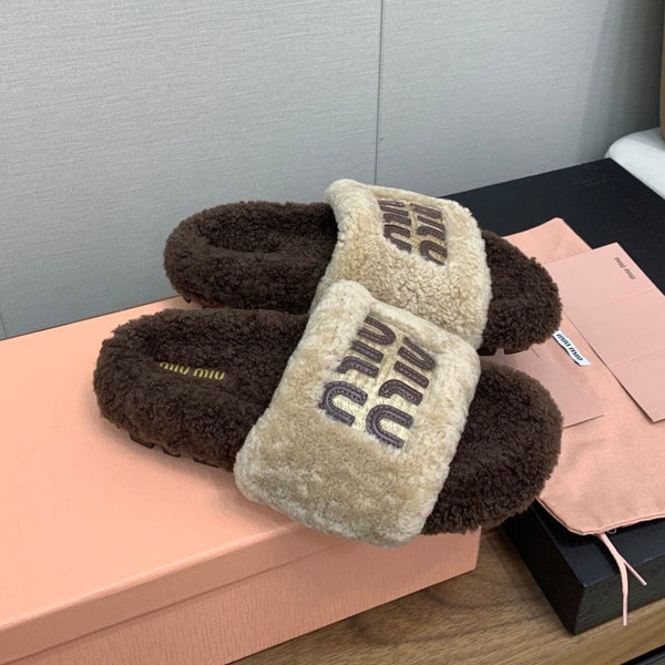 Miu Slippers Earth Brown Mixed With Light Brown With Brown Letters Pure Wool