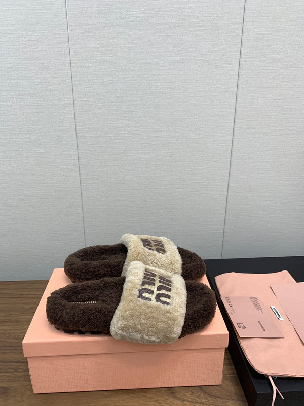 Miu Slippers Earth Brown Mixed With Light Brown With Brown Letters Pure Wool