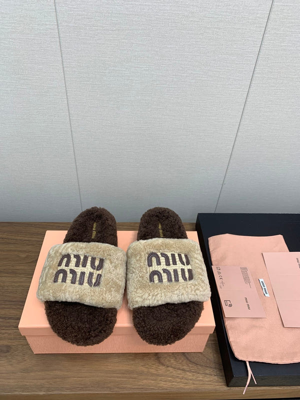 Miu Slippers Earth Brown Mixed With Light Brown With Brown Letters Pure Wool