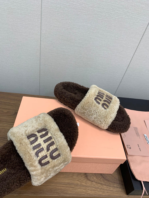 Miu Slippers Earth Brown Mixed With Light Brown With Brown Letters Pure Wool