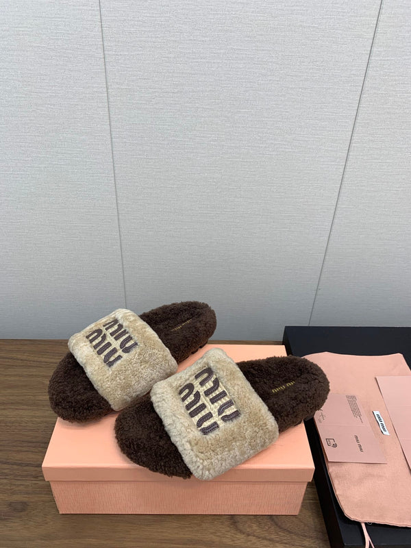 Miu Slippers Earth Brown Mixed With Light Brown With Brown Letters Pure Wool