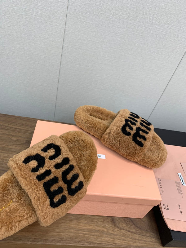 Miu slippers Saddle Brown With Black Lettering Pure Wool