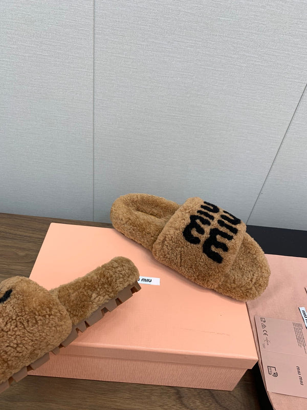 Miu slippers Saddle Brown With Black Lettering Pure Wool