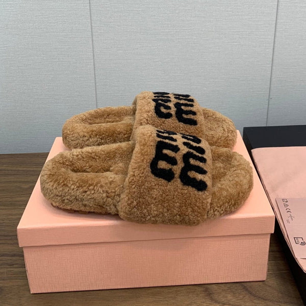 Miu slippers Saddle Brown With Black Lettering Pure Wool