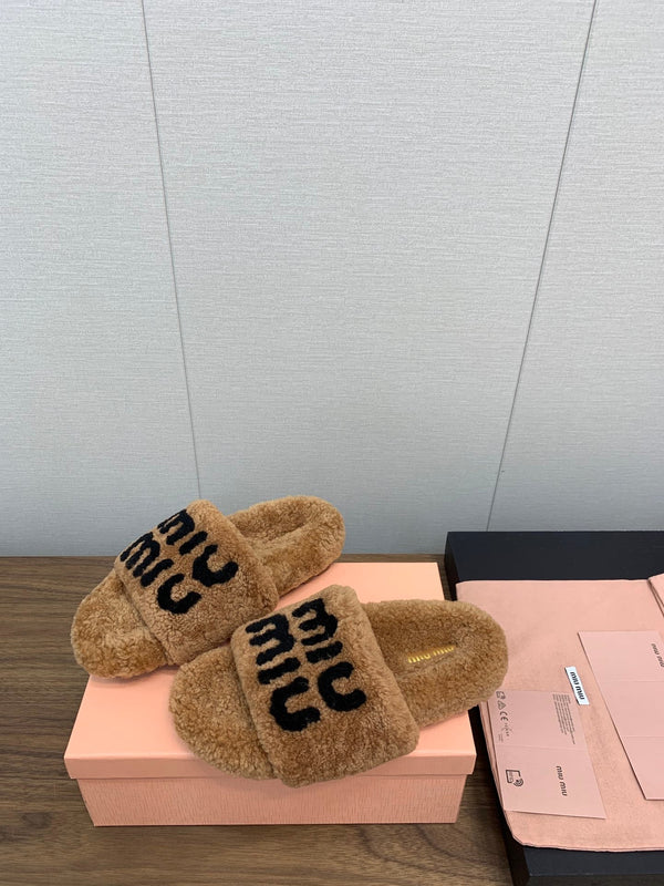 Miu slippers Saddle Brown With Black Lettering Pure Wool