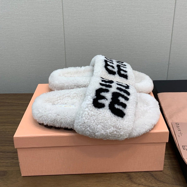 Miu slippers White With Black Text Pure Wool