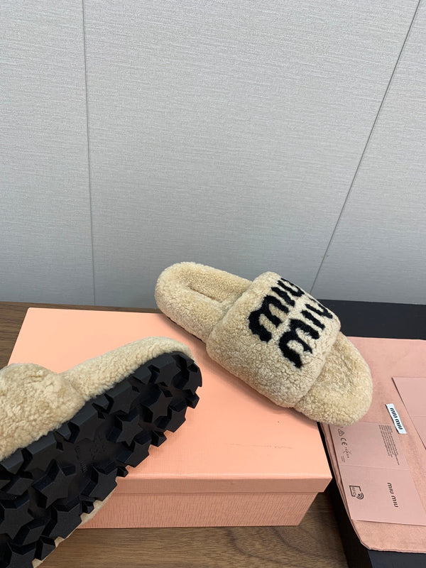 Miu slippers Beige With Black Lettering Pure Wool