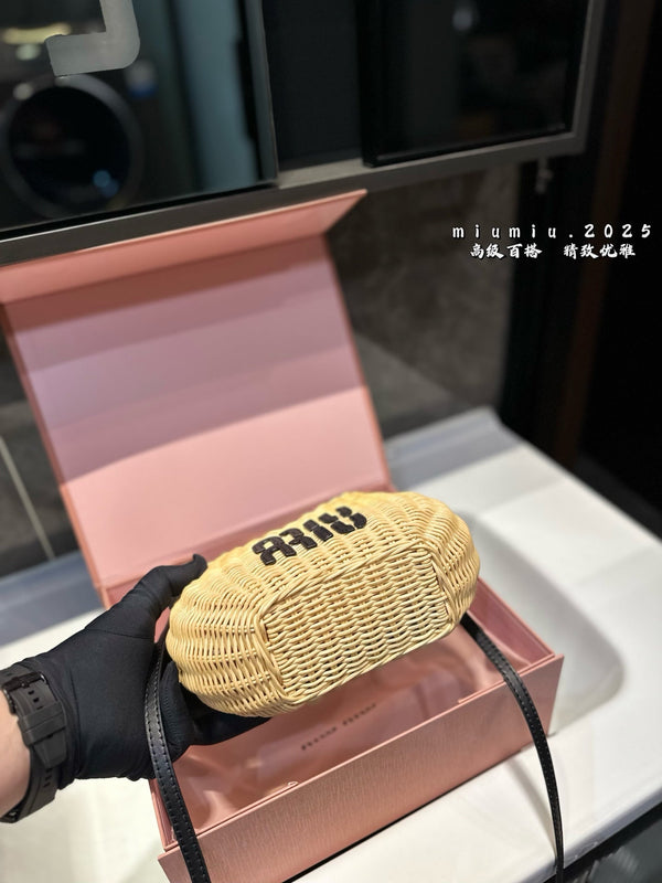 WANDER WICKER HOBO BAG 23 IN TAN BROWN HANDWOVEN WITH BLACK CALFSKIN LOGO