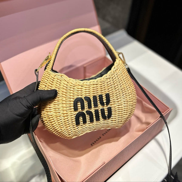 WANDER WICKER HOBO BAG 23 IN TAN BROWN HANDWOVEN WITH BLACK CALFSKIN LOGO