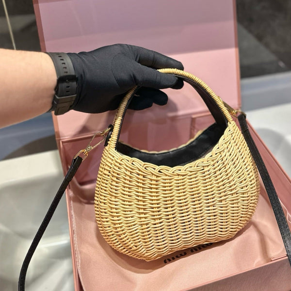 WANDER WICKER HOBO BAG 23 IN TAN BROWN HANDWOVEN WITH BLACK CALFSKIN LOGO