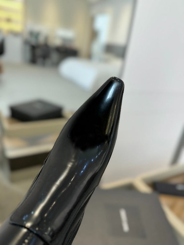 HIGH HEEL POINTED-TOE ANKLE BOOTS IN BLACK SHINY CALFSKIN