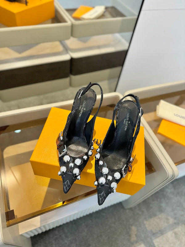 TACCO ALTO 95 MM IN DENIM NERO MONOGRAM CON CRISTALLI