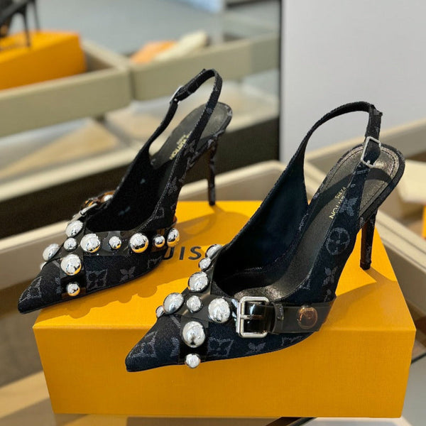TACCO ALTO 95 MM IN DENIM NERO MONOGRAM CON CRISTALLI