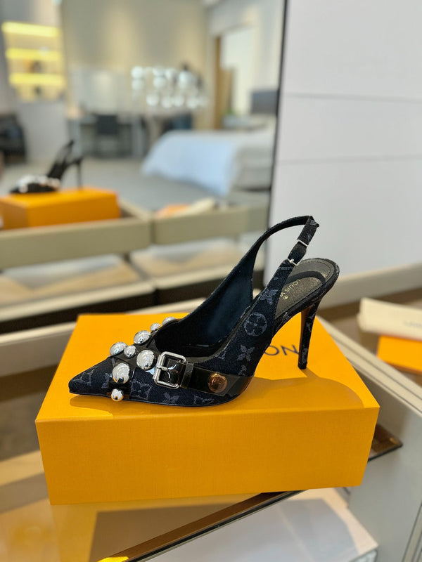 TACCO ALTO 95 MM IN DENIM NERO MONOGRAM CON CRISTALLI