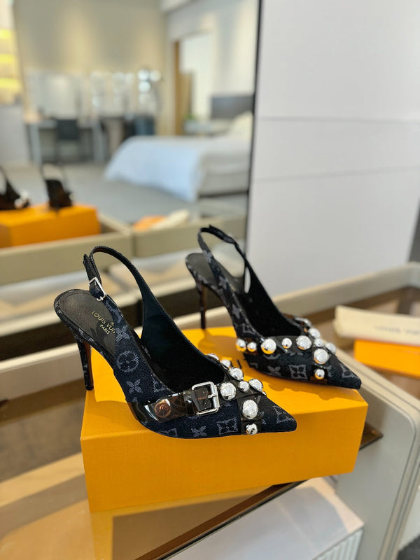 TACCO ALTO 95 MM IN DENIM NERO MONOGRAM CON CRISTALLI
