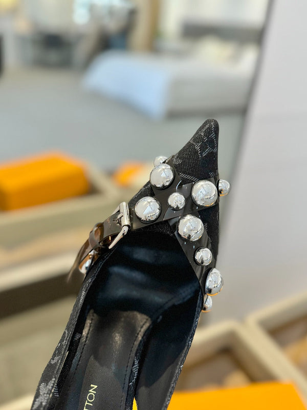 TACCO ALTO 95 MM IN DENIM NERO MONOGRAM CON CRISTALLI