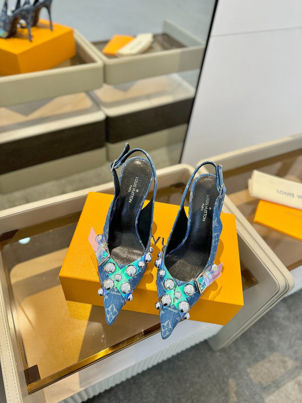 HIGH HEELS 95 MM IN CLASSIC BLUE MONOGRAM DENIM WITH CRYSTALS