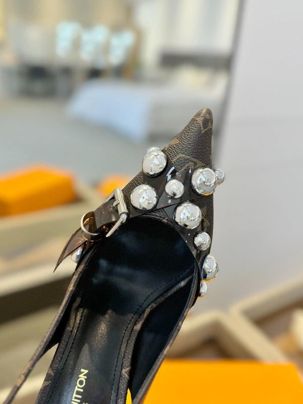 TACCO ALTO 95 MM IN VITELLO MONOGRAM MARRONE CIOCCOLATO CON CRISTALLI