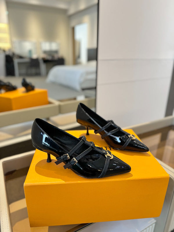 HIGH PUMP 5 CM TRIPLE-STRAP IN BLACK PATENT CALFSKIN