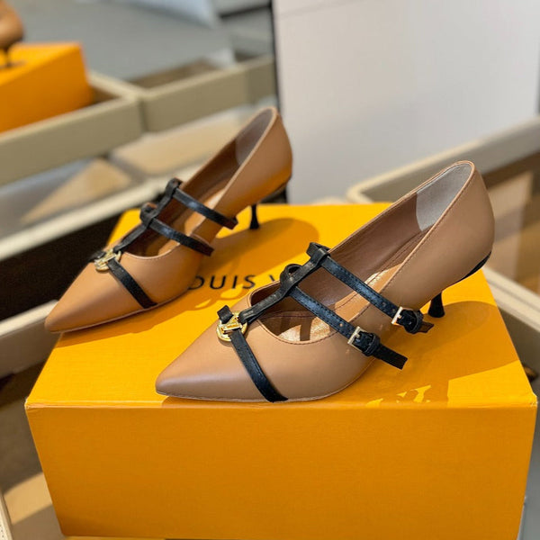 DÉCOLLETÉ ALTO 5 CM CON TRIPLO CINTURINO IN PELLE DI VITELLO MARRONE SIDRO E CINTURINO NERO