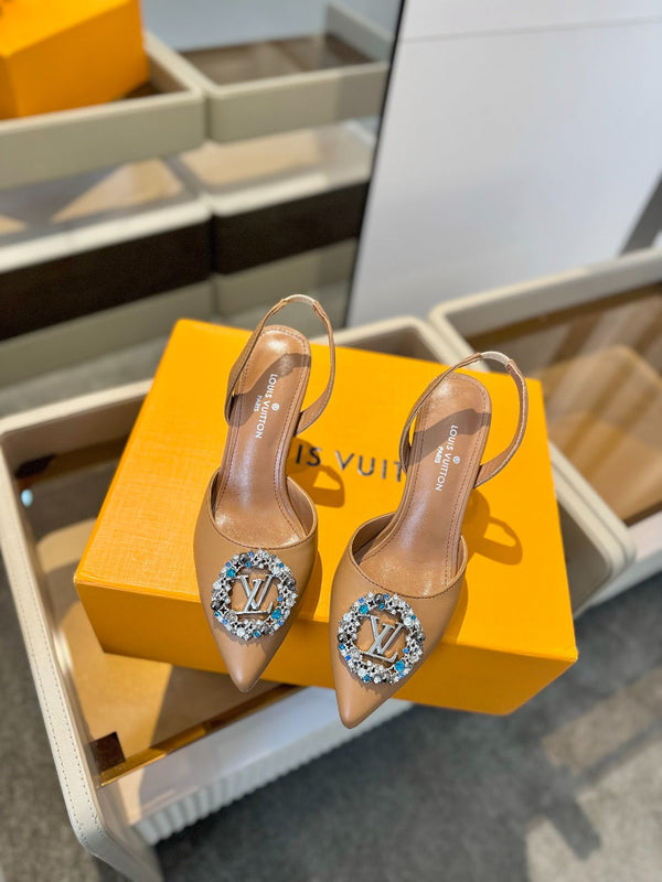 SLINGBACK TACCO ALTO 75 MM IN VITELLO MARRONE BRONZO CON CRISTALLO