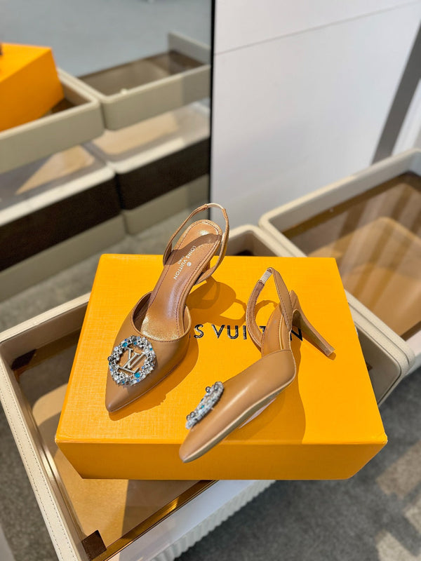 SLINGBACK TACCO ALTO 75 MM IN VITELLO MARRONE BRONZO CON CRISTALLO