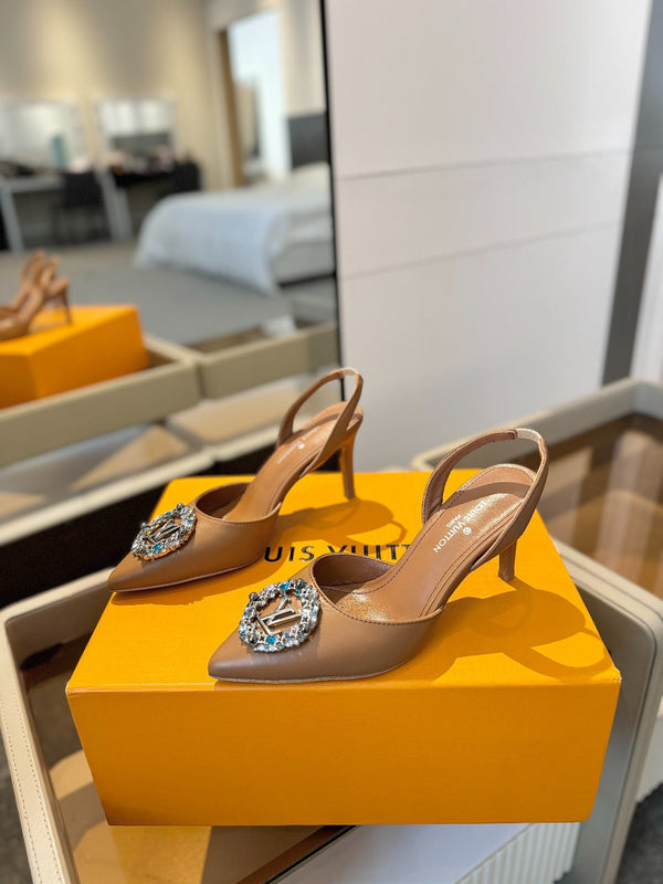 SLINGBACK TACCO ALTO 75 MM IN VITELLO MARRONE BRONZO CON CRISTALLO