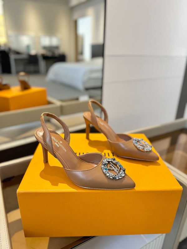 SLINGBACK TACCO ALTO 75 MM IN VITELLO MARRONE BRONZO CON CRISTALLO