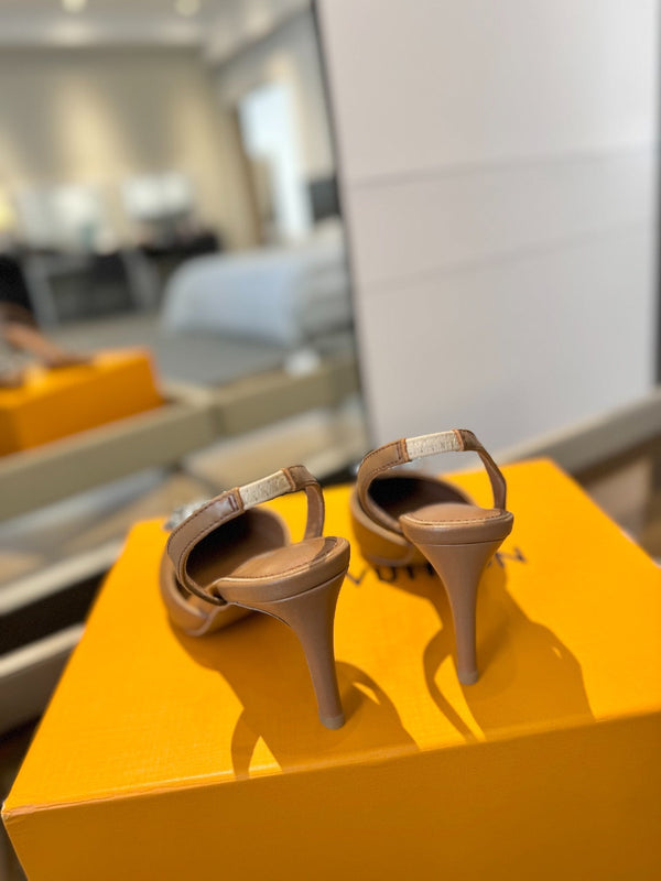 SLINGBACK TACCO ALTO 75 MM IN VITELLO MARRONE BRONZO CON CRISTALLO