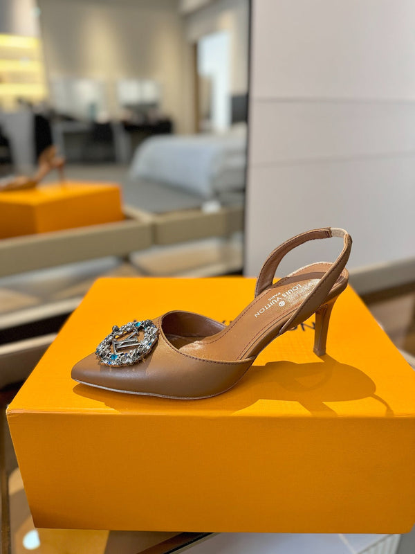 SLINGBACK TACCO ALTO 75 MM IN VITELLO MARRONE BRONZO CON CRISTALLO