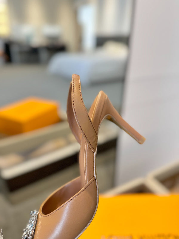 SLINGBACK TACCO ALTO 75 MM IN VITELLO MARRONE BRONZO CON CRISTALLO