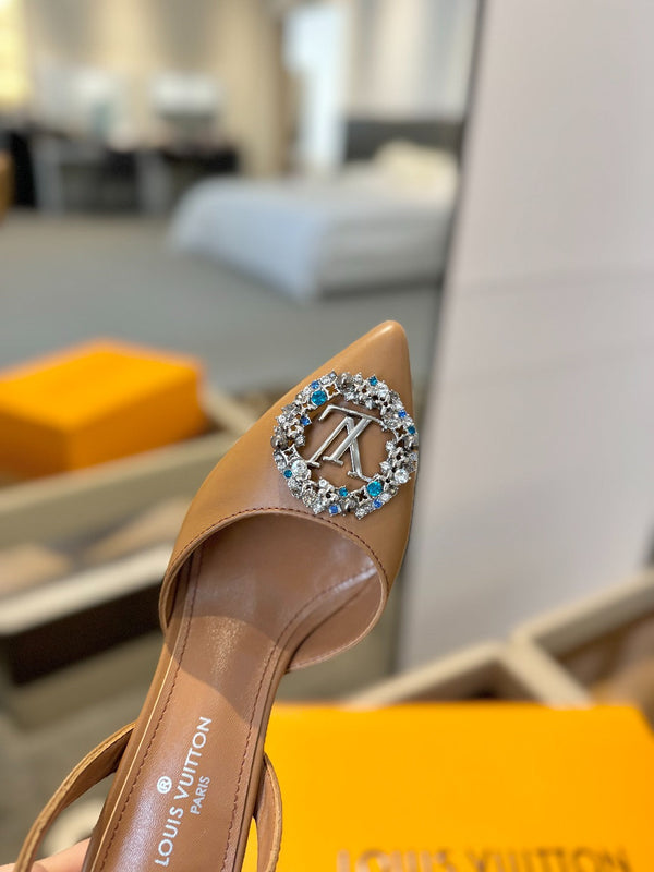 SLINGBACK TACCO ALTO 75 MM IN VITELLO MARRONE BRONZO CON CRISTALLO