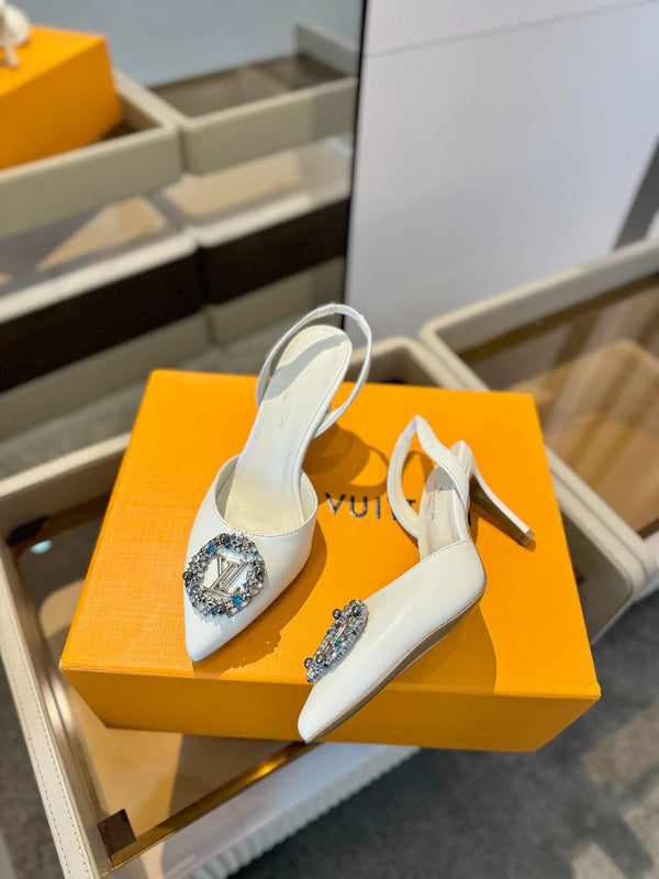 SLINGBACK TACCO ALTO 75 MM IN VITELLO BIANCO CON CRISTALLO