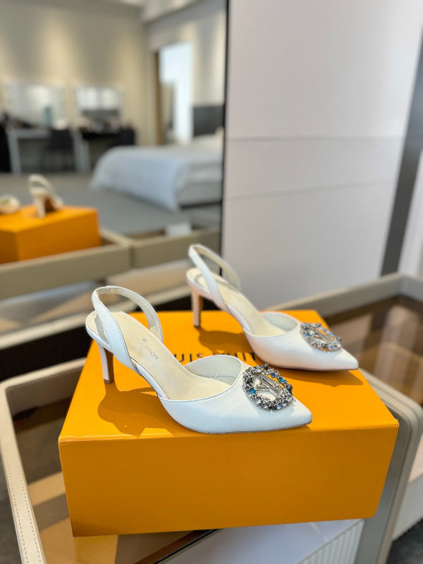 SLINGBACK TACCO ALTO 75 MM IN VITELLO BIANCO CON CRISTALLO