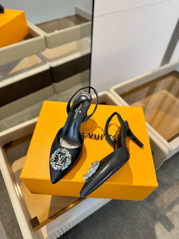 SLINGBACK TACCO ALTO 75 MM IN VITELLO NERO CON CRISTALLO